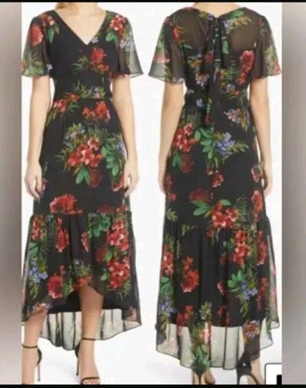 Julia Jordan Black Red Floral Print Flowy Hem Dress Flutter Sleeves Sz 10 -